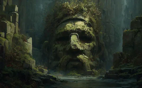 4K Ultra HD PC desktop wallpaper and background: fantasy scene of a forgotten god — a moss-clad colossal stone face half-submerged in misty jungle ruins.