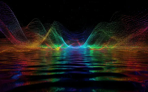 4K Ultra HD PC desktop wallpaper and background showing a glowing quantum field of multicolored particle waves forming peaks and valleys above reflective water on a dark backdrop.