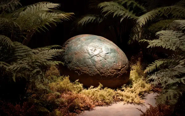 4K Ultra HD PC desktop wallpaper: a large weathered dinosaur egg nestled in moss and ferns on a dimly lit forest floor.