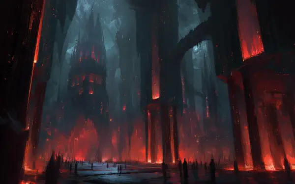 Dark Underworld 4K Ultra HD PC desktop wallpaper: cavern of obsidian pillars, rivers of red fire and a distant shadowed citadel beneath stormy blue-black light.