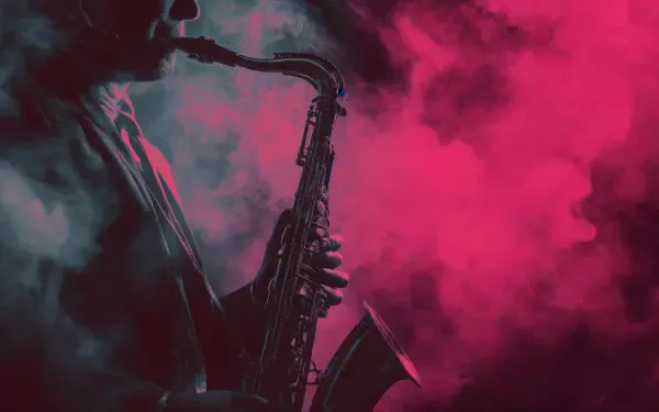 Saxophonist silhouette in teal and magenta smoke, vaporjazz jazz mood — 4K Ultra HD PC desktop wallpaper background.