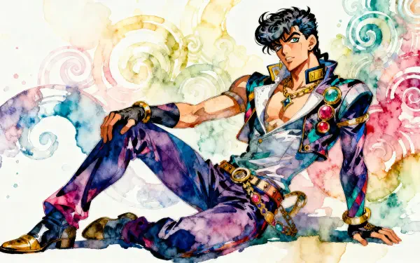 JoJo's Bizarre Adventure character reclining amid colorful watercolor swirls, wearing a jeweled patterned outfit and gold accessories — 4K Ultra HD PC desktop wallpaper/background.