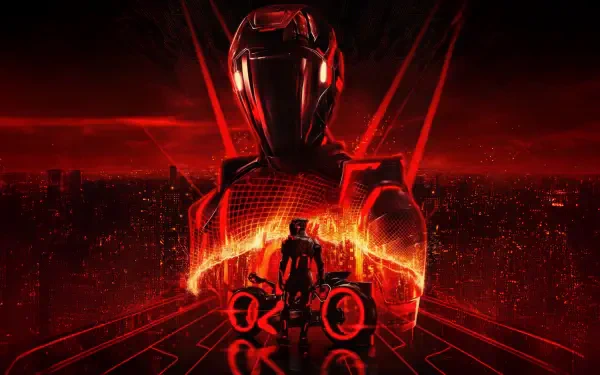 Tron: Ares 5K Ultra HD PC desktop wallpaper/background, neon-red armored rider on a lightcycle beneath a towering helmeted sentinel and glowing cityscape.