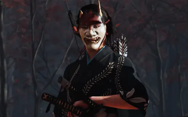 Ghost of Yōtei samurai girl in a demonic mask, grinning beneath horns, arrows and katana visible against a dark forest backdrop — 4K Ultra HD video game PC desktop wallpaper and background.