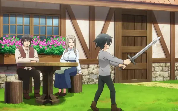 Anime wallpaper from Hero Without a Class: Who Even Needs Skills?! — young hero practices sword in a village yard while two companions watch; 2K Quad HD PC desktop background.