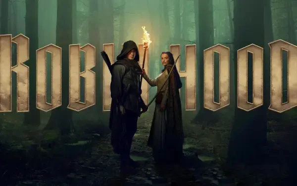 HD PC desktop wallpaper for the TV show Robin Hood (2025): two hooded figures—one with a torch—stand in a misty forest before a large ROBIN HOOD title.