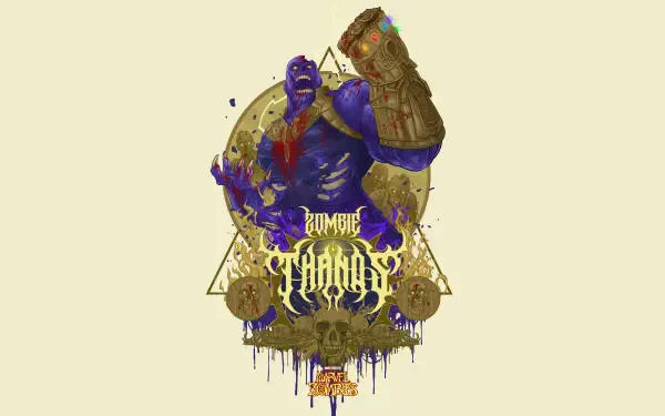 Marvel Zombies Thanos with a bloodied Infinity Gauntlet, decayed purple skin and skull motifs — 8K Ultra HD PC desktop wallpaper and background.