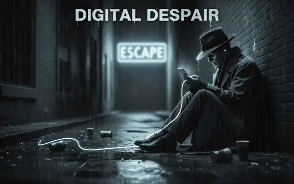 4K Ultra HD PC desktop wallpaper: moody noir alley scene titled Digital Despair — a lone figure absorbed in phone glow beneath a neon ESCAPE sign, evoking phone addiction.