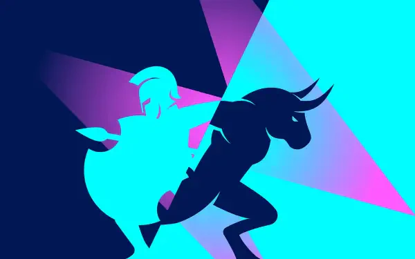 Duotone minimalist 2K Quad HD PC desktop wallpaper: cyan and magenta silhouettes of an armored hero and horned creature in dynamic clash — video game, Xbox-themed.