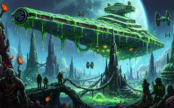 4K Ultra HD PC wallpaper: Galactic Empire dreadnought oozing neon green slime over a ruined alien metropolis, winged fighters and armored silhouettes beneath a looming moon.