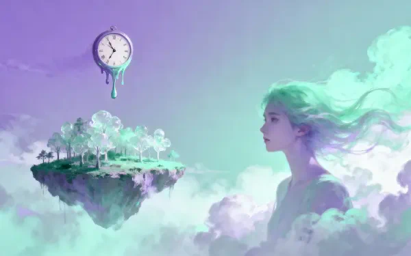 Surreal 4K Ultra HD PC desktop wallpaper and background: green‑haired woman rising from clouds, a floating island of trees, and a dripping, melting clock.
