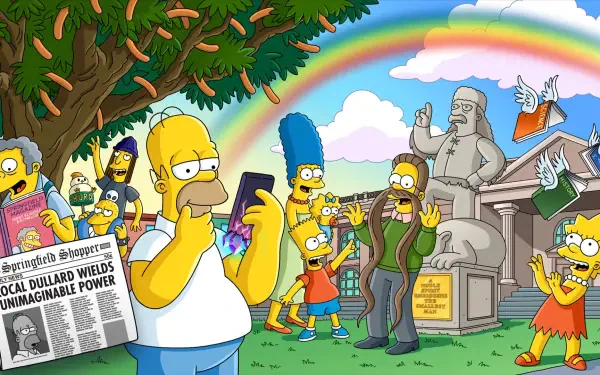 HD PC desktop wallpaper: The Simpsons cast in a Fortnite-style video game scene — Homer, Marge, Bart and Lisa posing in a colorful graveyard under a rainbow.