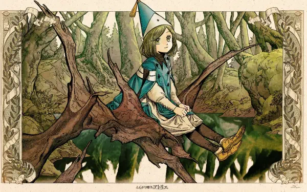 Anime HD PC desktop wallpaper of Coco (Witch Hat Atelier) in a pointed hat, sitting on a gnarled tree branch above a reflective forest pool, set within an ornate decorative border.