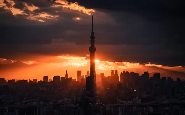 Sunset over Tokyo cityscape; Tokyo Skytree silhouette against a glowing orange sky — 4K Ultra HD PC desktop wallpaper.