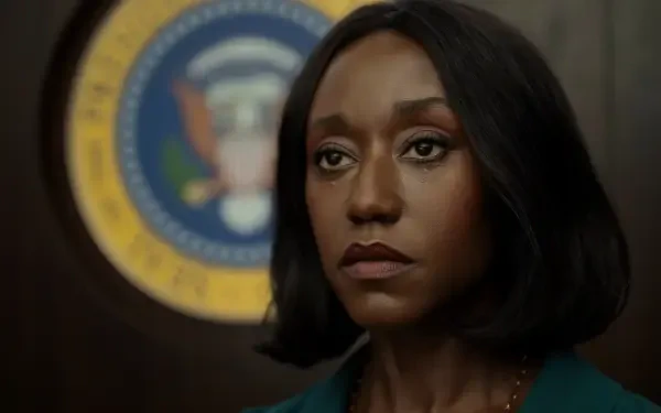 Close-up of a tearful character from the TV drama The Diplomat, solemn gaze with an official seal behind her — 2K Quad HD PC desktop wallpaper.