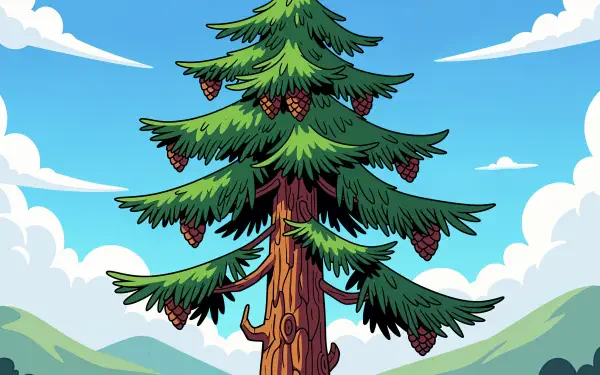 Vibrant 4K Ultra HD PC desktop wallpaper of a towering evergreen pine with hanging cones against a bright blue sky and rolling green hills.