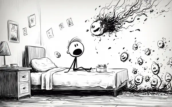 Black & white 2K Quad HD PC desktop wallpaper: pen drawing of a person on a rotting bed, haunted by swirling smiley faces and a screaming shadow — surreal stress and decay background.