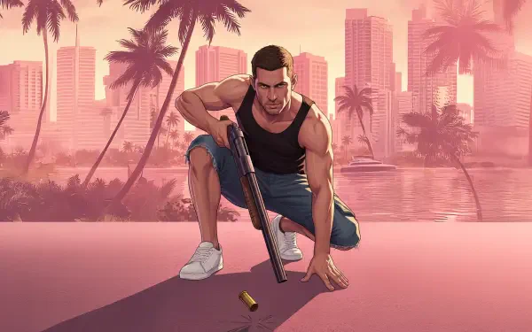 Video game Grand Theft Auto VI 5K Ultra HD PC wallpaper: Jason kneeling with a shotgun on a pink waterfront, palm trees and a sunlit city skyline in the background.