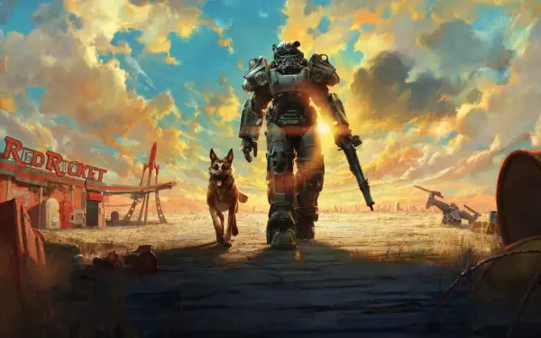 8K Ultra HD PC desktop wallpaper of Fallout 4: Power Armor-clad lone survivor and dog walking across a sunlit wasteland, cinematic video game background.