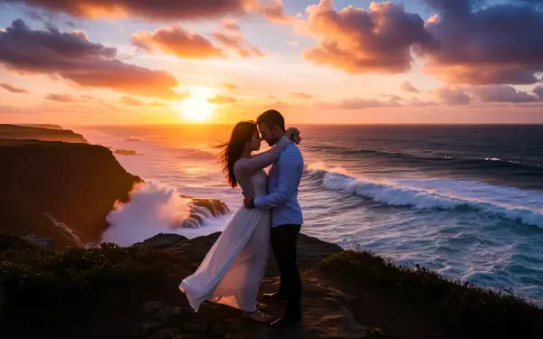 Romantic scenery: couple embracing on a seaside cliff at sunset, crashing waves and colorful sky — 4K Ultra HD PC desktop wallpaper and background.