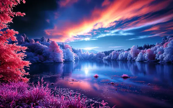 4K Ultra HD PC desktop wallpaper and background: serene lake at sunset with vivid pink foliage, neon blue sky and tranquil reflections, radiating peaceful energy.