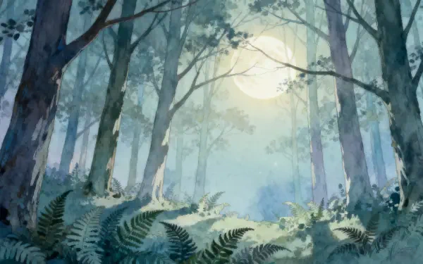 Moonlit forest with ferns and tall trees beneath a luminous full moon — 4K Ultra HD PC desktop wallpaper/background.