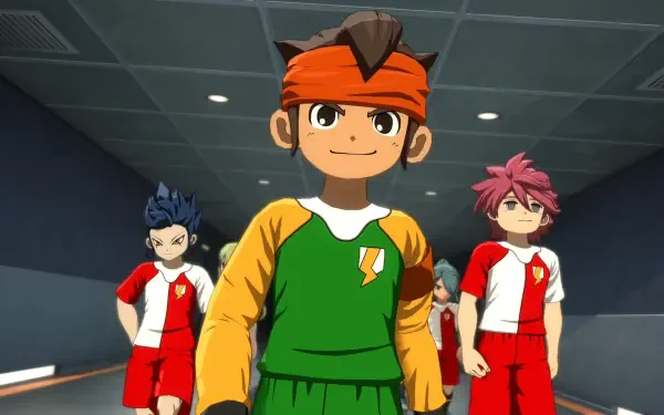 HD PC desktop wallpaper of Inazuma Eleven: Victory Road — soccer team in a tunnel, lead player in green kit with orange headband and teammates behind.