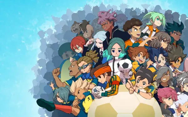 HD PC desktop wallpaper for the video game Inazuma Eleven: Victory Road — colorful team of soccer characters clustered around a giant ball.