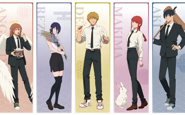 Anime — Chainsaw Man 4K Ultra HD PC desktop wallpaper: five characters in formal attire arranged in vertical panels with pastel backgrounds; one has angel wings, another stands beside a white rabbit.