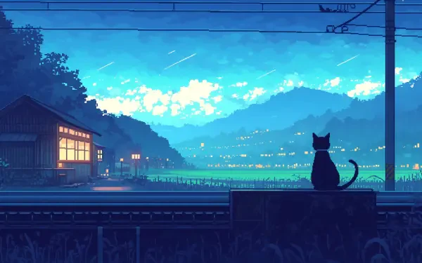 Black cat pixel AI art: 2K Quad HD PC desktop wallpaper showing a silhouetted cat on a fence at dusk, overlooking glowing fields and distant mountains.