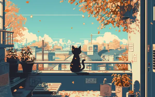 Pixel-art AI illustration of a black cat perched on a balcony railing, overlooking a sunlit cityscape in warm autumn hues — 2K Quad HD PC desktop wallpaper/background.