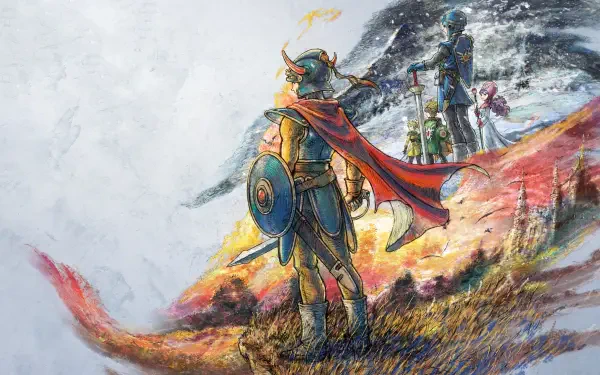 4K Ultra HD PC desktop wallpaper and background: Hero (Dragon Quest) from Dragon Quest II: Luminaries of the Legendary Lin stands with sword and shield atop a windswept, colorful battlefield.