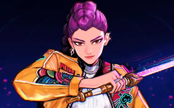 4K Ultra HD PC desktop wallpaper of Rumi from the KPop Demon Hunters movie: purple‑haired warrior in a vibrant jacket brandishing a glowing katana against a dark, energetic background.