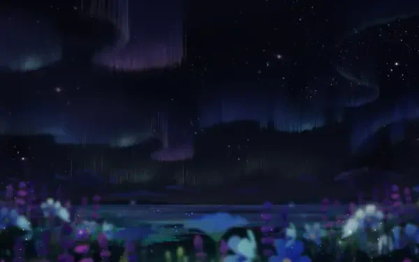 HD PC desktop wallpaper from the video game Chaos Zero Nightmare: an anime landscape of a moonlit lakeshore framed by glowing flowers under a swirling aurora borealis and starry night sky.