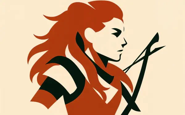 Stylized minimalist profile of Aloy (Horizon Series) with red hair and bow in bold flat colors on a beige background — 4K Ultra HD PC desktop wallpaper/background.