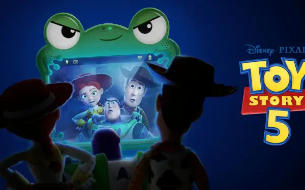 Movie Toy Story 5 4K Ultra HD PC desktop wallpaper: Woody, Buzz and Jessie appear inside a glowing frog-screen while silhouetted toys watch, with the Toy Story 5 logo on the right.