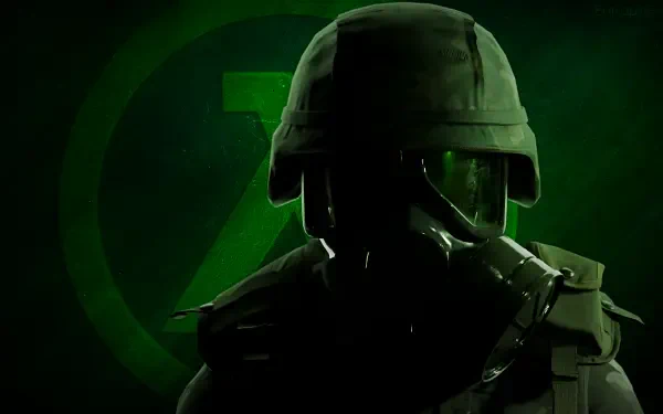 Green Half-Life: Opposing Force gaming art 2K Quad HD PC wallpaper — gas-masked soldier in helmet silhouetted before a glowing lambda logo.