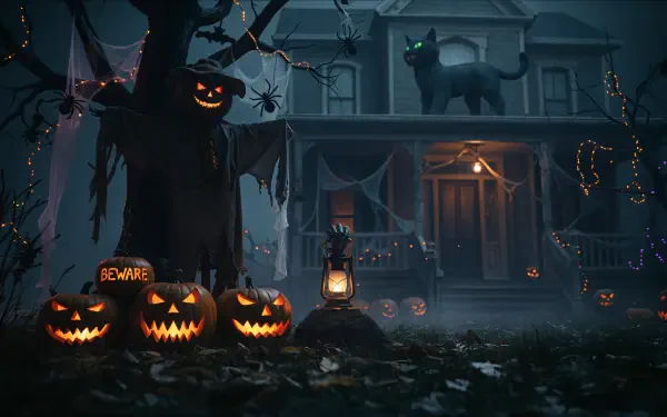 Halloween decorations outside a haunted house: glowing jack-o'-lanterns, a lantern-lit path, a black cat on the porch and eerie string lights — 4K Ultra HD PC desktop wallpaper and background.