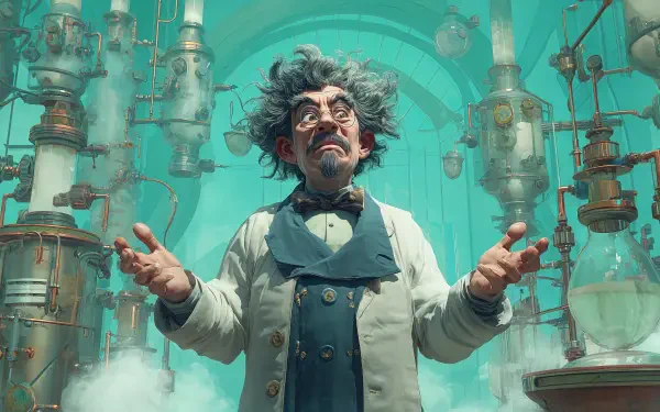 Mad scientist with wild hair and mustache in a steam-filled laboratory, surrounded by bubbling glassware and brass apparatus — 4K Ultra HD PC desktop wallpaper background.