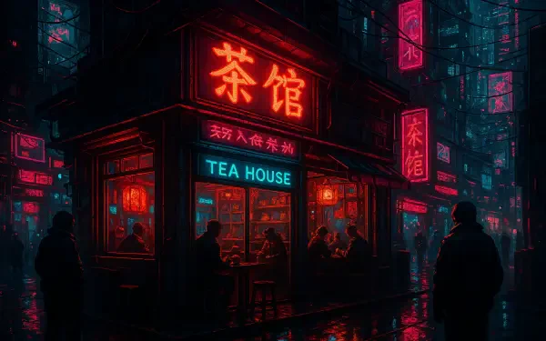 Neon-lit tea house with red TEA HOUSE/茶馆 signs, rain-slick streets and silhouetted figures — 4K Ultra HD PC desktop wallpaper and background.