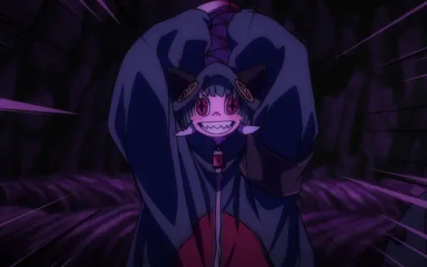 Anime HD PC desktop wallpaper/background: a grinning, horned Gachiakuta character from Guita Heavy Fantasia crouches in a dark, purple-lit tunnel, hands clasped above the head.