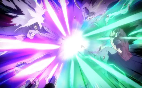 HD anime PC wallpaper of My Hero Academia: All For One (Boku No Hero Academia) and opponents unleashing converging multicolored energy beams toward a blinding central burst.