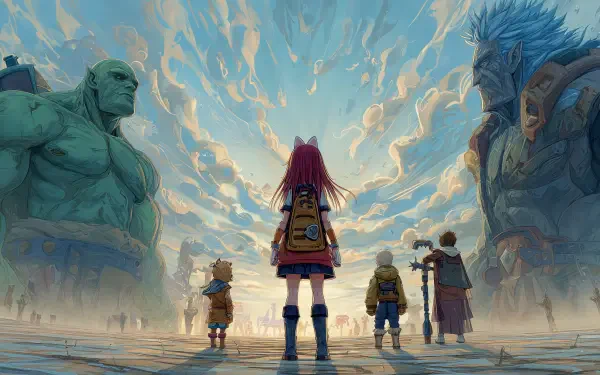 Anime fantasy 4K Ultra HD PC desktop wallpaper: red-haired girl and four companions face towering stone giants beneath a radiant, cloud-streaked sunrise.