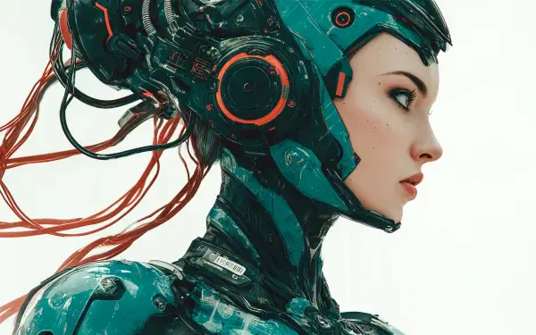 Sci-fi girl in teal cybernetic armor and helmet, red cables trailing from her head, profile portrait — 4K Ultra HD PC desktop wallpaper and background.