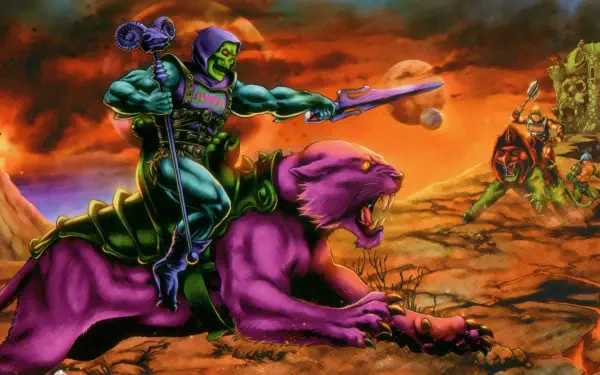 HD PC desktop wallpaper: Skeletor (MOTU/Masters of the Universe, Mattel) rides a snarling purple panther across a fiery wasteland, staff raised — He-Man's arch-enemy in dramatic pose.