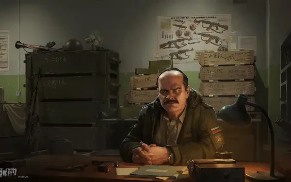 Escape from Tarkov video game HD PC desktop wallpaper: grim, mustachioed man sits behind a cluttered desk in a dim armory office, weapon schematics and crates on the wall.