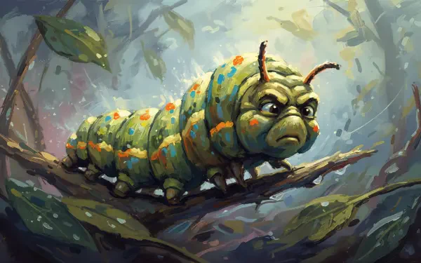 Whimsical grumpy green caterpillar with colorful spots crawls along a dewy branch in a misty forest — 4K Ultra HD PC Desktop Wallpaper and Background.