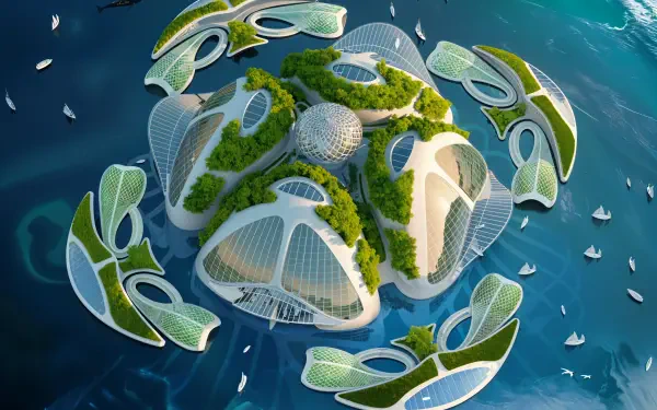 Frutiger Aero 4K Ultra HD PC desktop wallpaper/background: futuristic floating island complex with white lattice structures, green terraces and boats on a blue ocean.