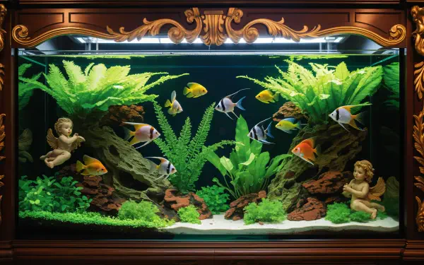 Ornate-framed fish tank with lush aquatic plants, colorful angelfish and tetras and cherub statues — 4K Ultra HD PC desktop wallpaper and background