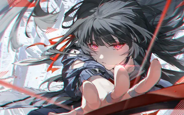 Video game 4K PC wallpaper of Chisa (Wuthering Waves): anime girl with dark hair and glowing pink eyes reaching toward the viewer amid red ribbons and dynamic motion blur.